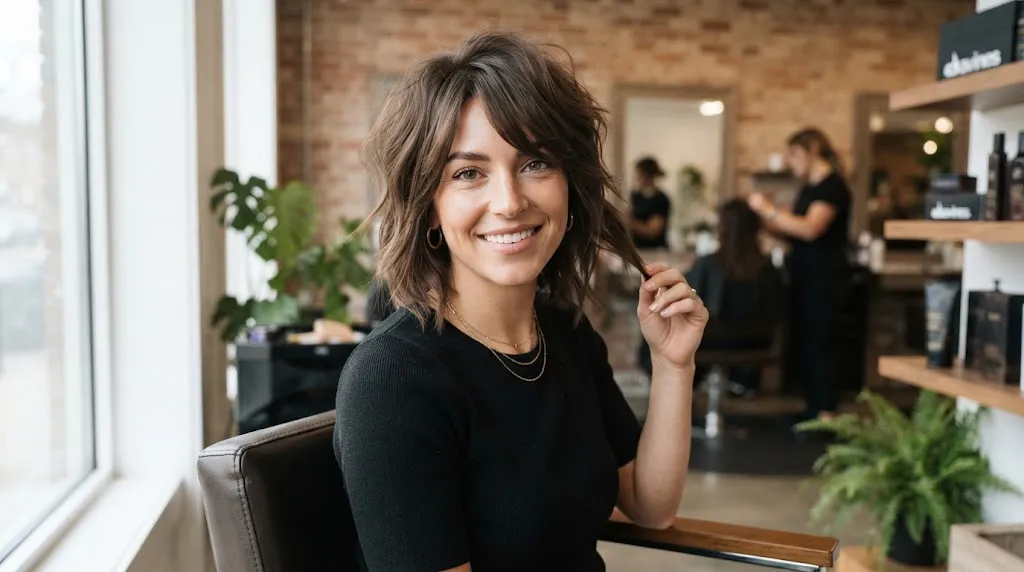 A woman with a stylish textured bixie haircut featuring soft layers that complement her jawline and face shape