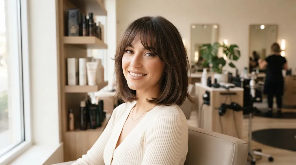 A beautiful girl wearing a stylish bottleneck bob haircut with curtain fringe and collarbone-length layers.