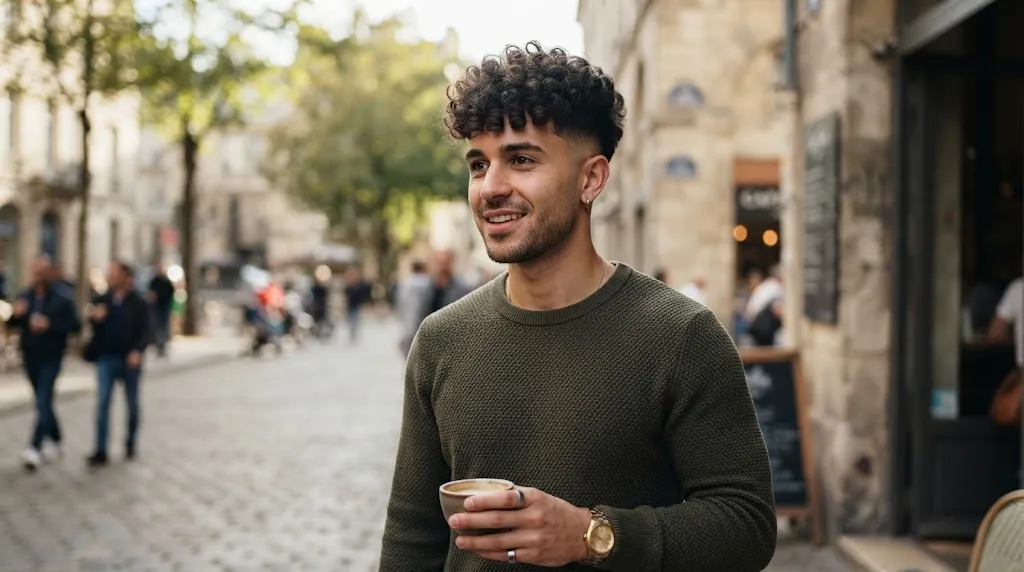 Man with a modern broccoli haircut featuring a textured curly canopy on top and faded sides