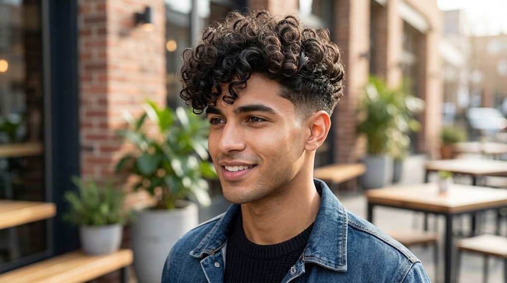 A handsome man with naturally tight curly hair styled in a modern broccoli cut, featuring a voluminous rounded top and faded sides.