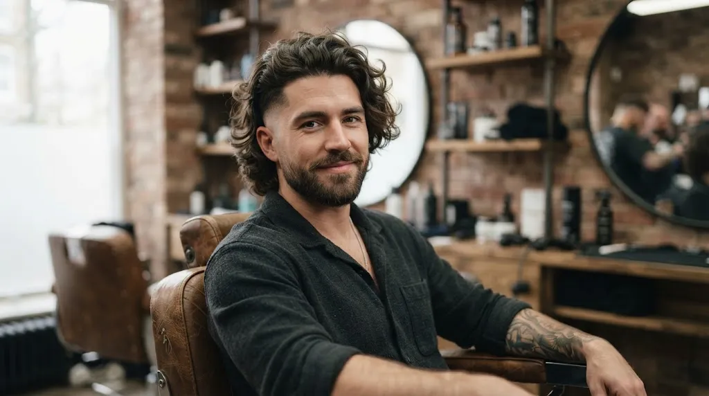 A stylish man showcasing a professional taper fade haircut with long wavy hair on top for a modern look.