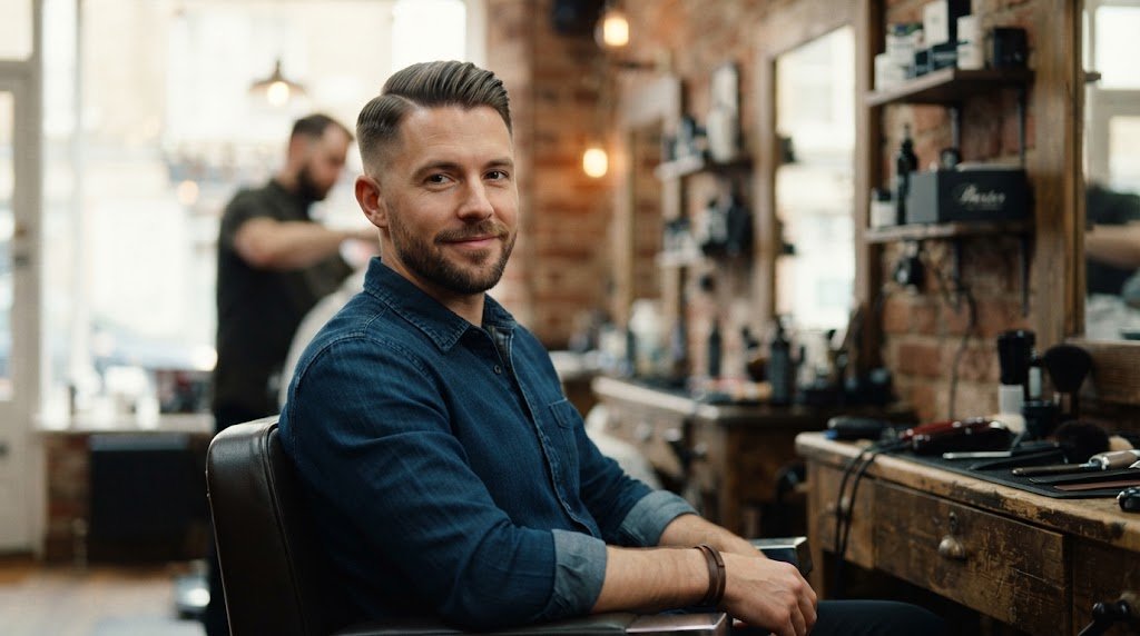 A man with a long face shape sporting a clean, textured Ivy League haircut in a professional barbershop.