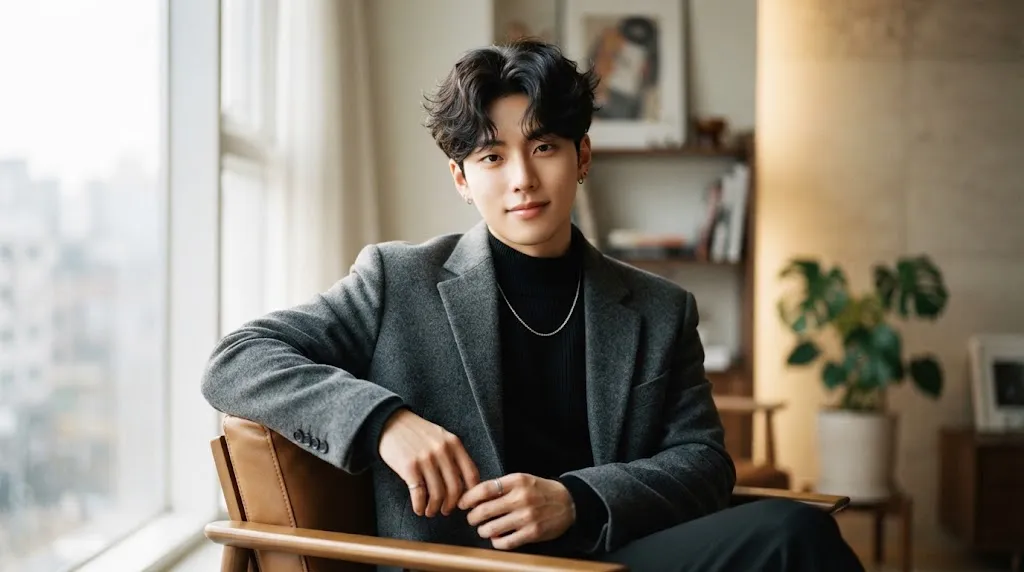 A young man with stylish textured Korean volume haircut designed for flat hair types, showcasing natural movement and soft styling.