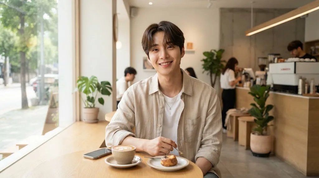 A stylish young man with a flattering Korean curtain hairstyle perfectly suited for an oval face shape in a modern setting.