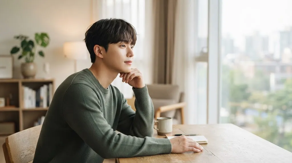 A stylish young man showcasing a soft-structured modern Korean hairstyle with natural movement and volume.