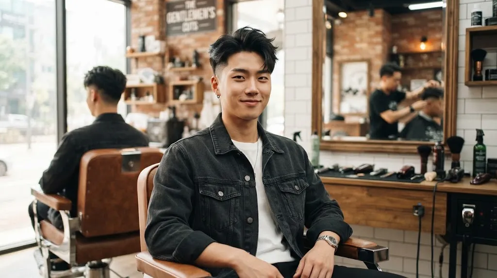 A stylish young man with a modern Korean two-block haircut showing a longer textured top and clean side profile in a barbershop