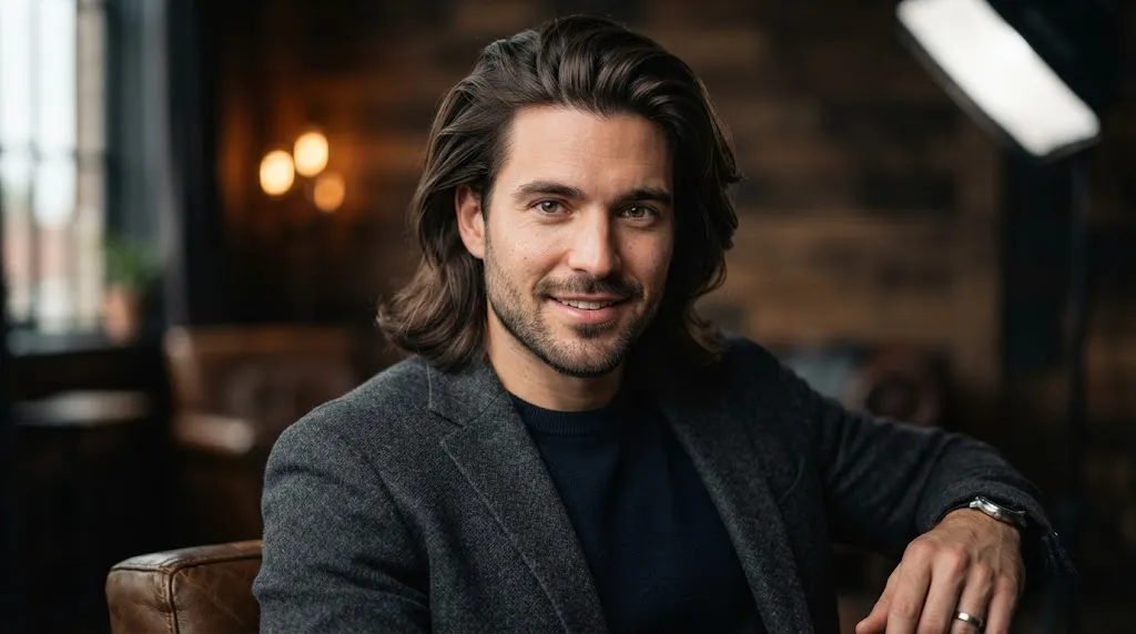 A man showcasing a stylish long back hairstyle with a clean, swept-back flow and natural movement.