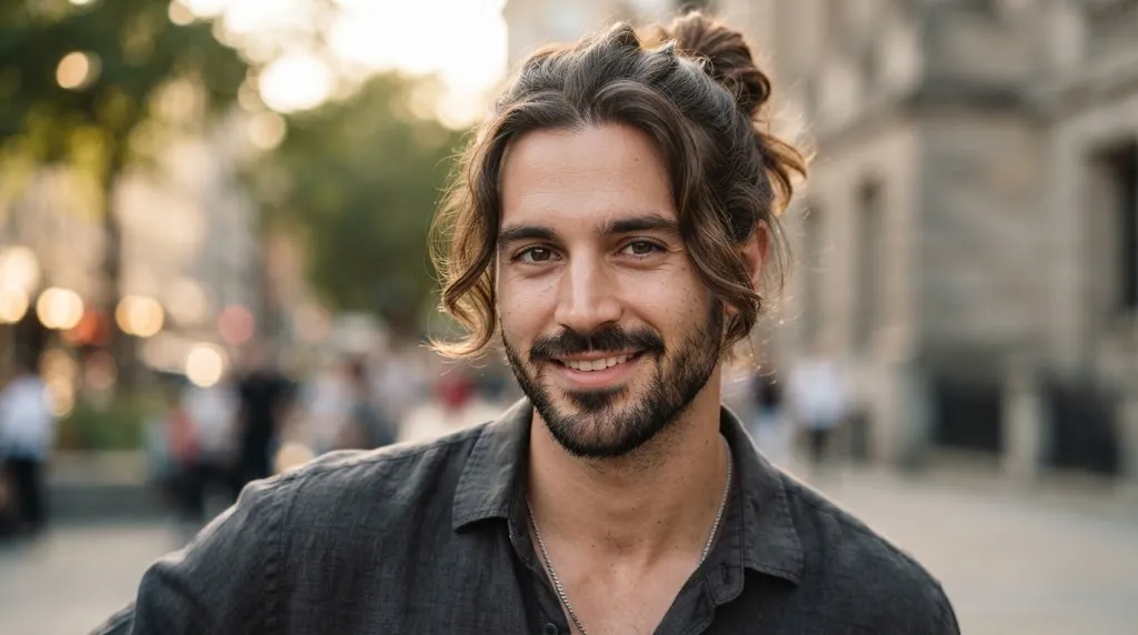 Man with an oblong face wearing a stylish man bun with layered, face-framing hair strands for added width