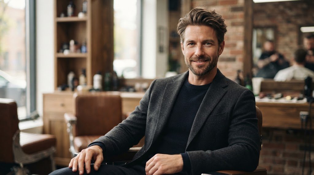 A man with a trendy medium-length hairstyle featuring textured flow and a professional, modern cut.