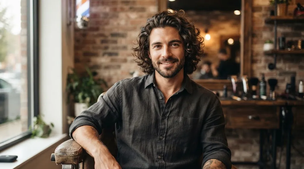 A man with stylish medium-length wavy and curly hair showing natural texture and healthy movement.