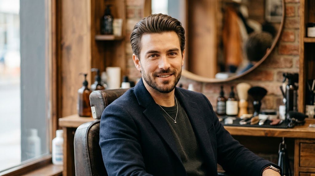 Side view of a handsome man with medium length natural slick back hairstyle showing matte texture and natural hair volume
