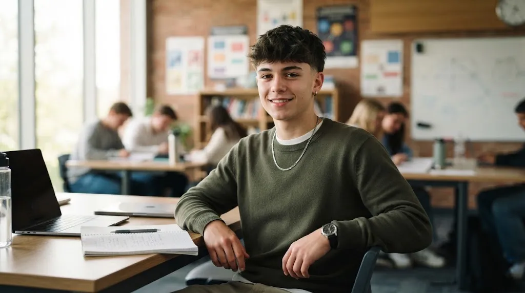 A teenage boy with a trendy textured fringe haircut, perfect as an age-appropriate style for school or college students.