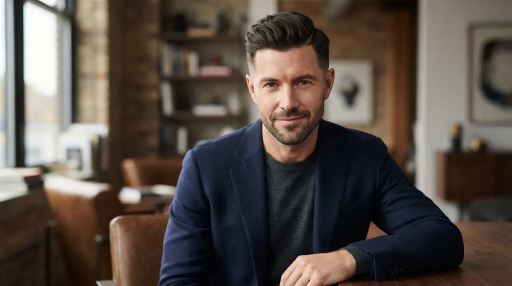 A man with an oblong face shape sporting a stylish short quiff haircut with a sharp, defined hard part and low volume.