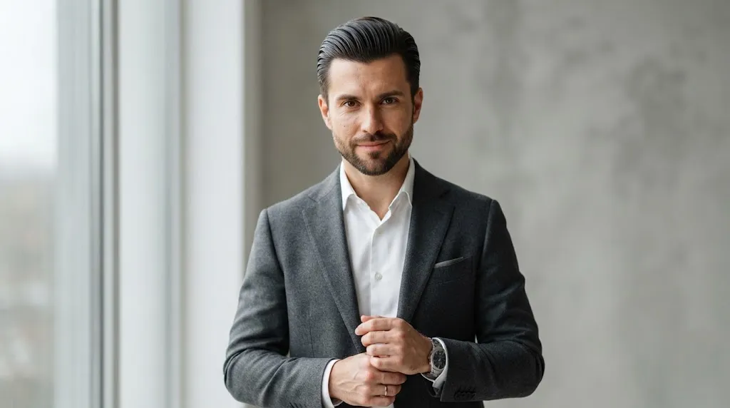 A man with a perfectly groomed, youthful-looking sleek back hairstyle in natural lighting.