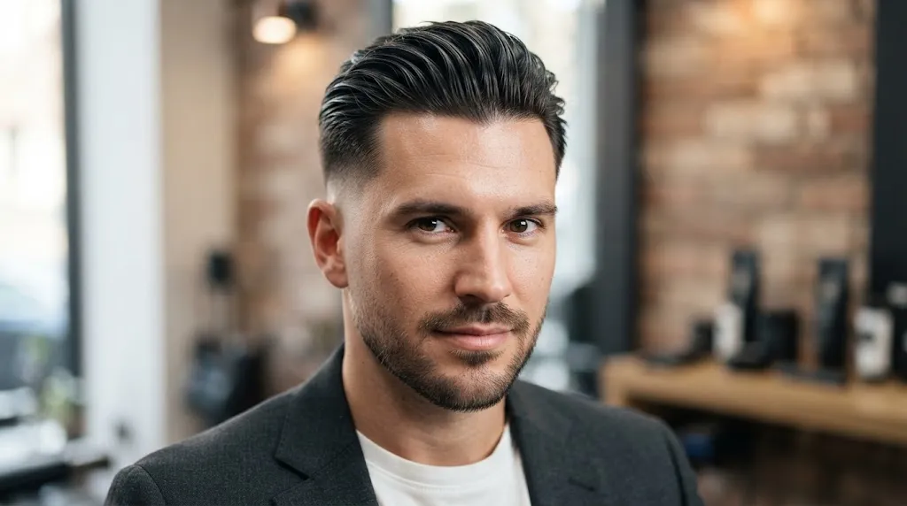 A professional close-up of a man showcasing a sharp modern slick back haircut with a clean low fade and directional flow.