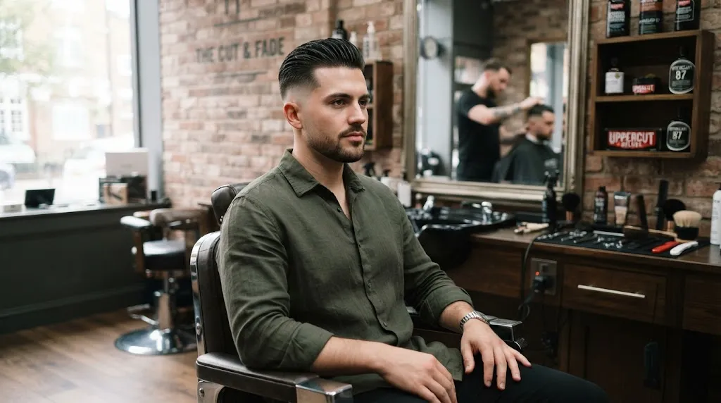 A handsome man with a stylish slick back haircut and clean fade showcasing an attractive men's hairstyle in a barbershop