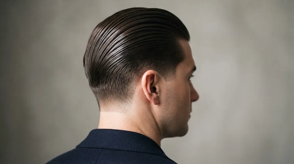 Professional side view of a man with a sharp, high-shine slick back hairstyle with clean directional flow.