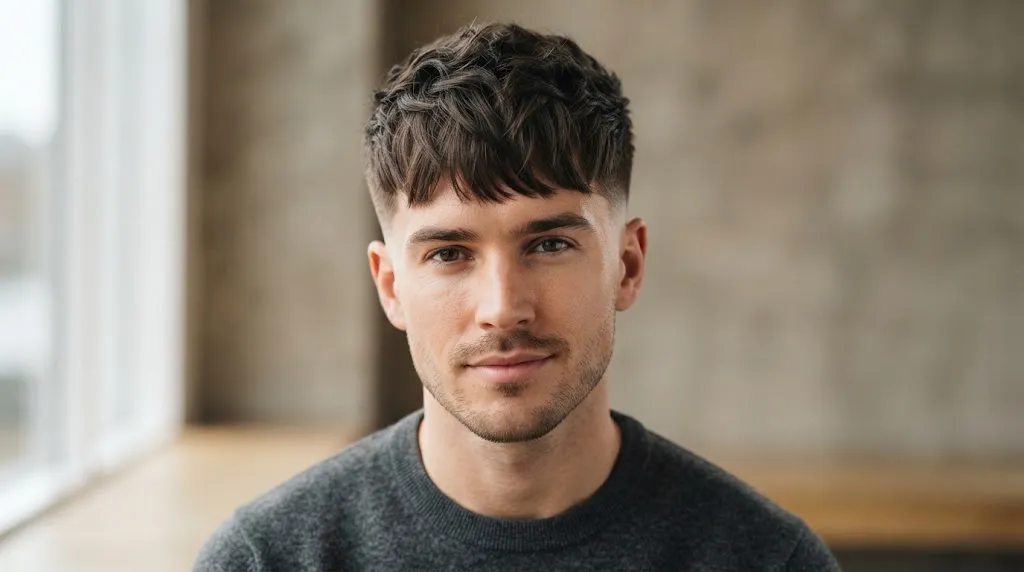 A stylish man with an oblong face shape sporting a modern Tapered Fringe haircut with textured hair swept forward and clean temple tapers.