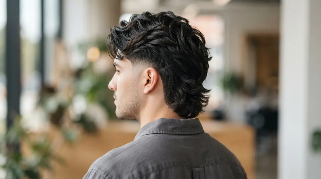 A man with a modern tapered mullet hairstyle featuring a clean fade on the sides and flowing medium length hair on the back.