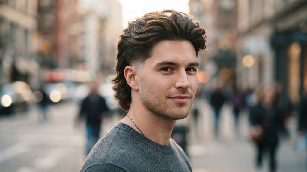 A close-up side profile of a man wearing a modern tapered mullet hairstyle with smooth, professional blending.