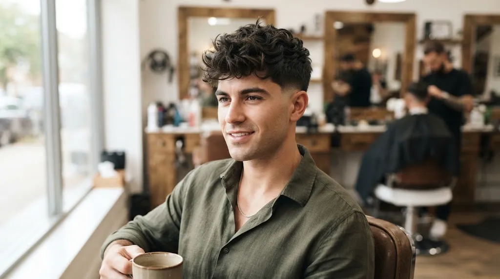 A man with a stylish, modern textured top haircut and a smooth normal slope (taper) on the sides, smiling in a barbershop.