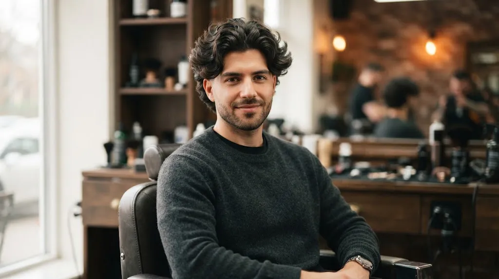A stylish man with thick hair cut in a modern textured style that adds width to an oblong face shape, avoiding excessive height.