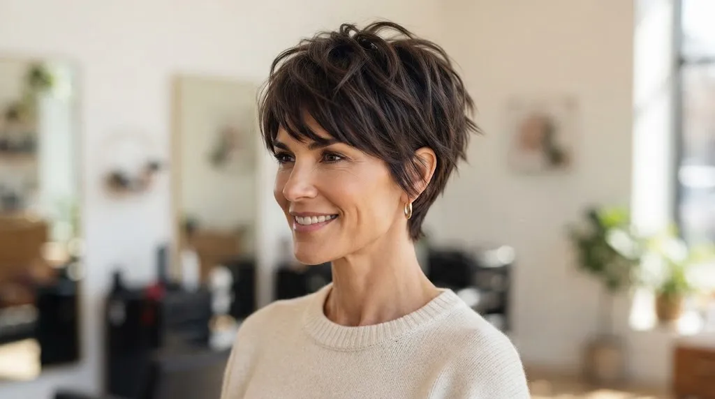 A stylish woman with a square face shape modeling a modern, piecey textured pixie cut in a bright salon setting, showing volume and movement.