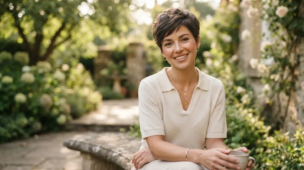 A stylish woman with a modern textured pixie haircut showing soft layers and movement, ideal for a squaA stylish woman with a modern textured pixie haircut showing soft layers and movement, ideal for a square face shape.re face shape.