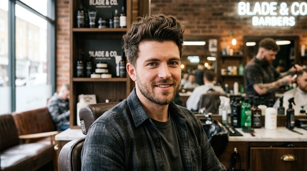 Side profile of a man with a modern textured quiff hairstyle on medium length hair with a matte natural finish