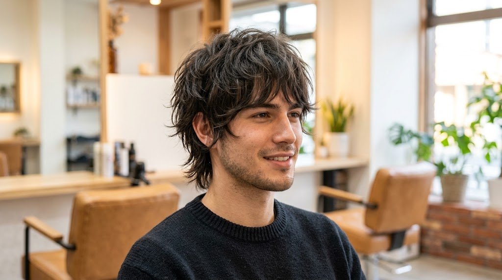 Front and side profile of a man with a modern textured wolf cut hairstyle featuring soft layers and natural movement.