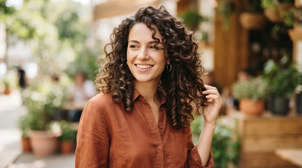 A smiling woman with beautiful, voluminous, shoulder-length curly brown hair in an outdoor cafe setting.