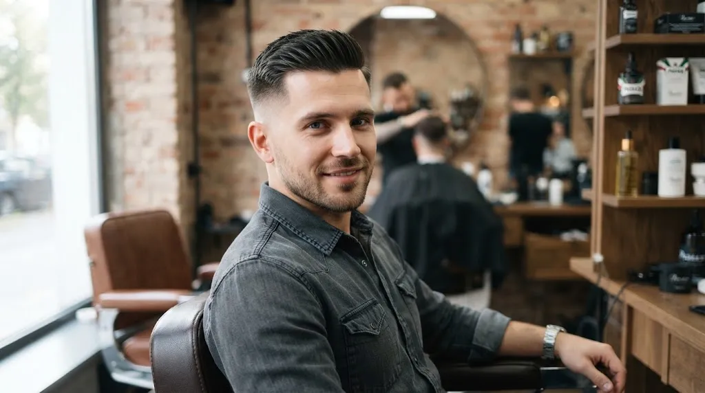 A stylish man showcasing a classic normal slope haircut with a smooth, gradual transition on the sides and back in a modern barbershop