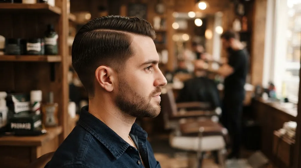 A man with a clean normal slope haircut featuring a stylish side part in a professional barbershop