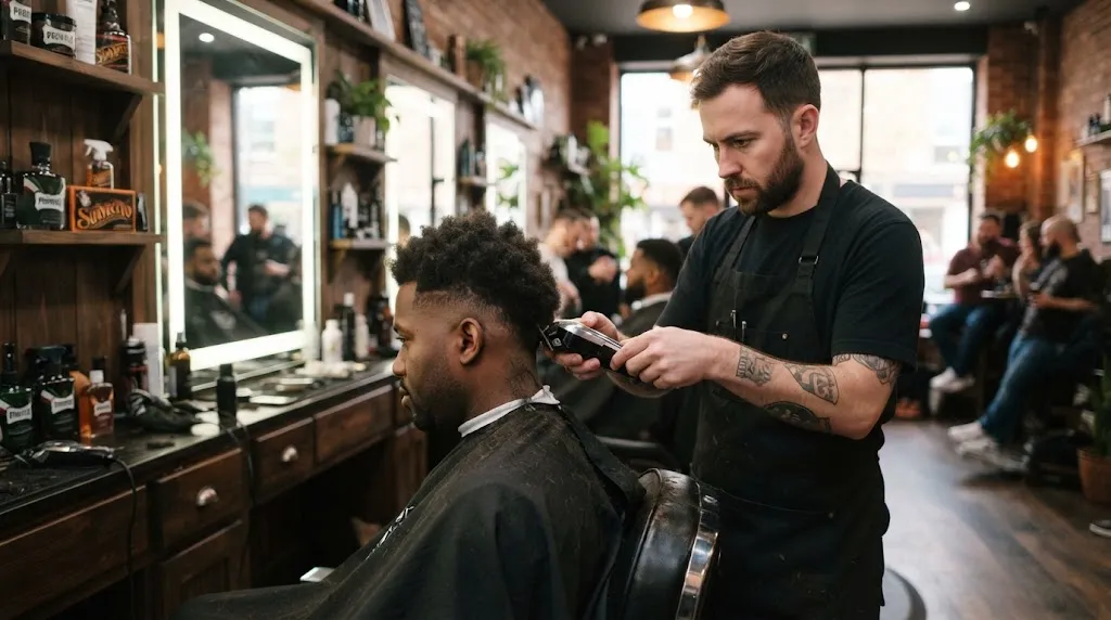 Professional barber cutting a normal slope haircut on a man with thick coarse hair in a modern barbershop