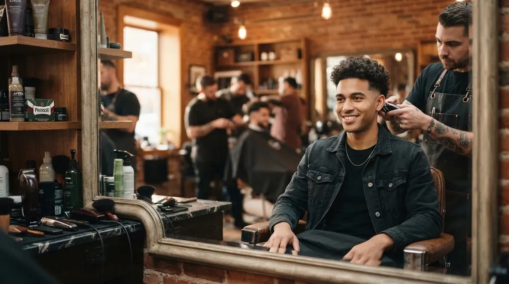 A handsome man with stylish natural curly hair showcasing a professional normal slope haircut with clean gradual sides in a modern barbershop.