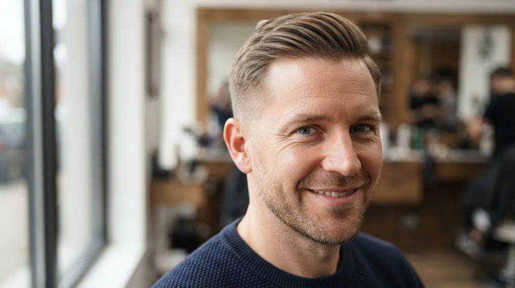 A close-up portrait of a man with low-density fine hair styled in a classic normal slope haircut, showing natural fullness and soft sides.