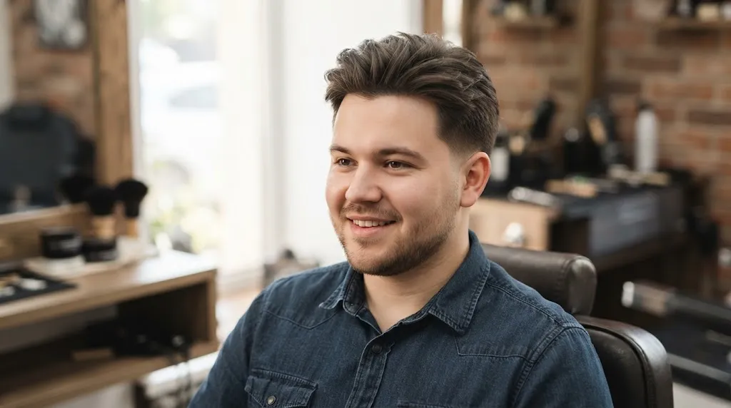 A man with a round face smiling in a barbershop chair, showcasing a stylish normal slope haircut with volume on top and a gradual fade on the sides.