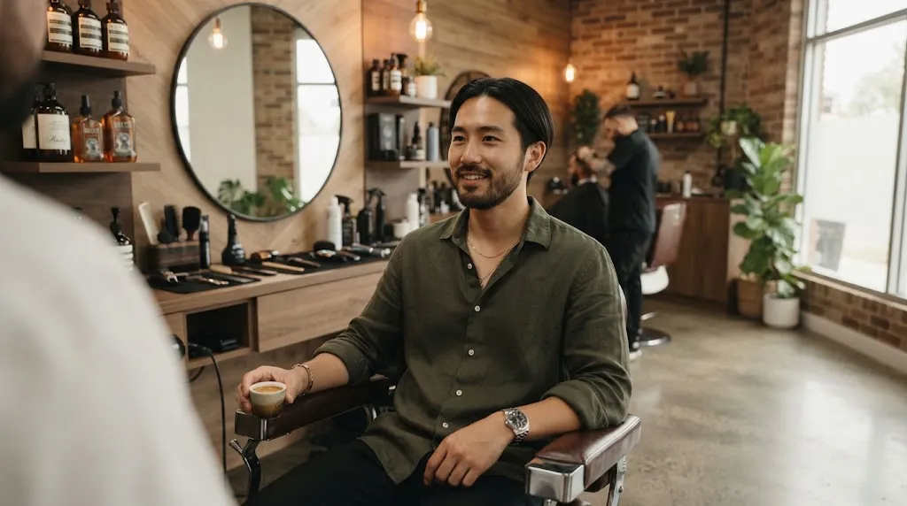 A stylish man with clean straight hair showcasing a balanced normal slope haircut in a modern barbershop.