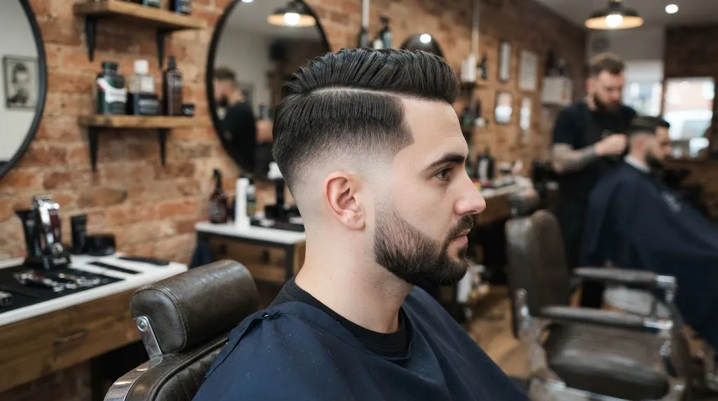 A professional men's haircut showing a normal slope on the sides and back with a precise hard part styling.