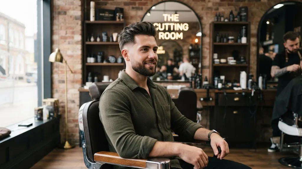 A man showcasing a normal slope haircut with a stylish textured top and natural side transition.