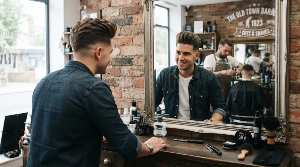 A man with a modern normal slope haircut featuring a stylish quiff on top in a professional barbershop setting