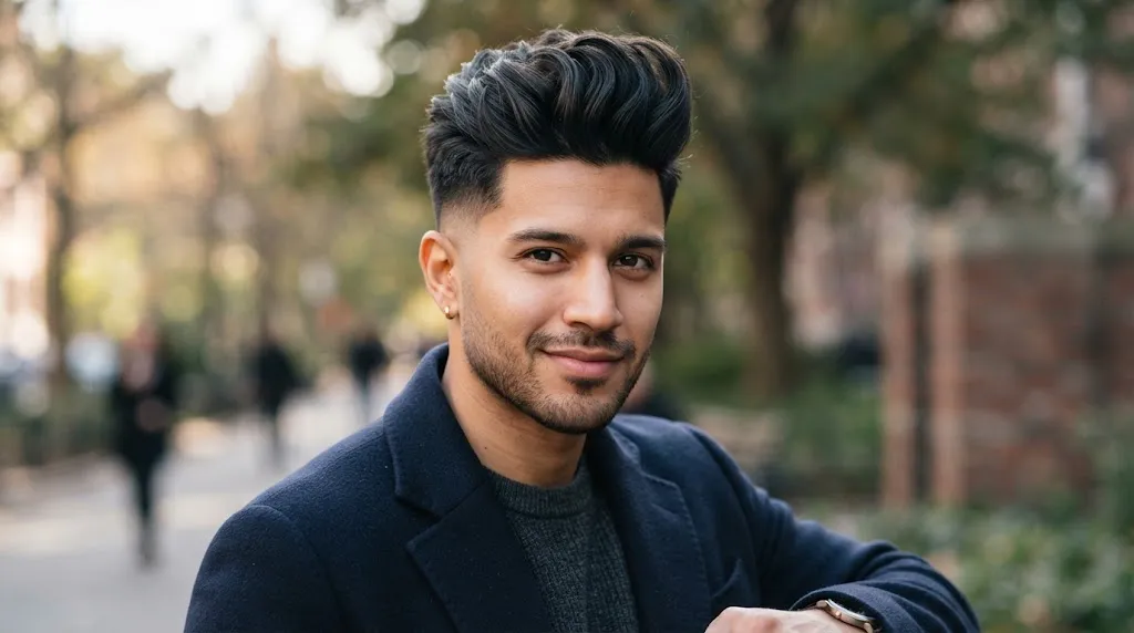 A close-up portrait of a man with a normal slope haircut and a stylish textured quiff on top