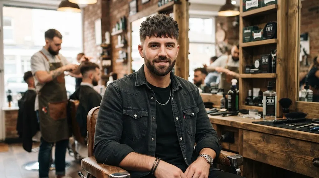 A man showcasing a normal slope haircut paired with a modern textured fringe, viewed from a clean professional angle.