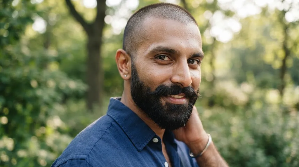 An Indian man showcasing a sharp Number 0 buzz cut paired with a well-groomed full beard for a bold look.
