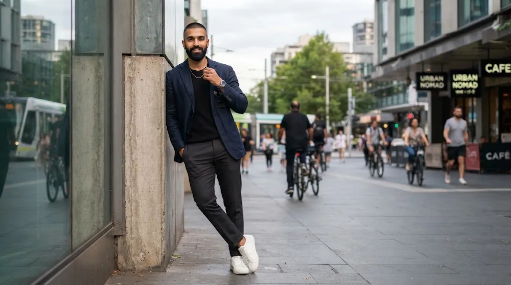 A handsome Indian man sporting a sharp Number 1 buzz cut and a well-groomed full beard in an urban setting