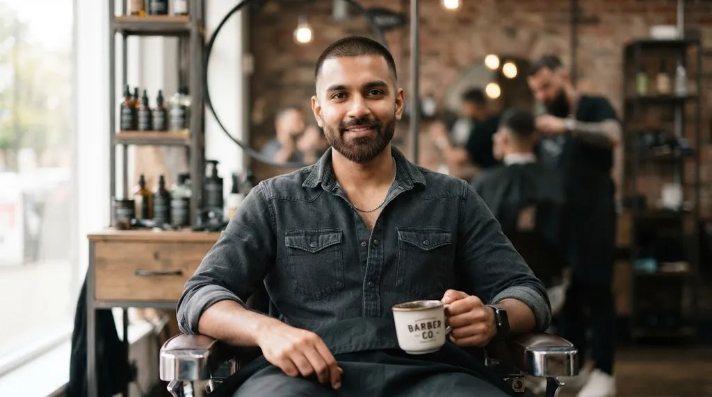 An Indian man with a textured Number 3 and #4 buzz cut and a clean medium-length beard