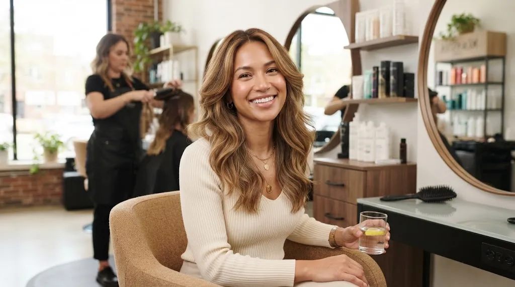 A stylish woman with a custom medium-length haircut that matches her unique face shape and natural hair texture.