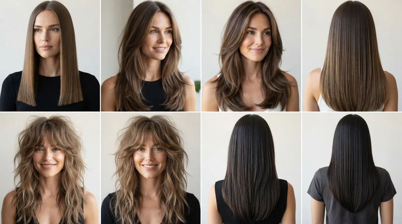 Photo grid showing the primary types of long haircuts side-by-side, including blunt cut long hair, seamless long layers, butterfly cut, and long shag.
