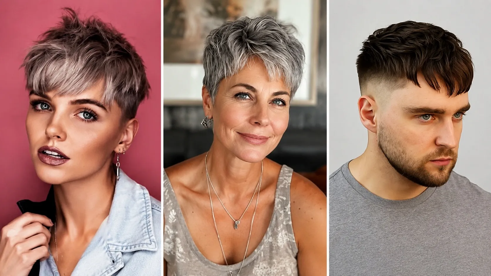 Grid comparison of short pomade hairstyles showing matte textured crops, classic high-shine slick backs, modern pompadours, and sleek pixie cuts.