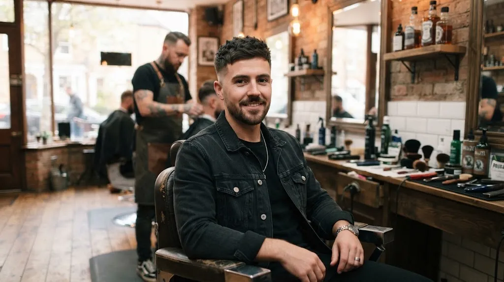 A stylish man with a modern low taper fade and textured short hair styled with matte pomade in a professional barbershop for 2026.